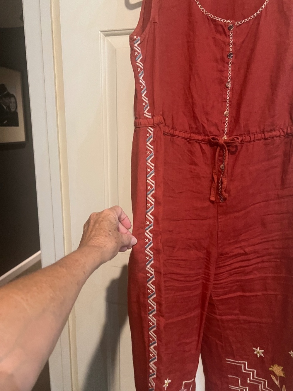 Johnny Was sleeveless cropped linen embroidered jumpsuit